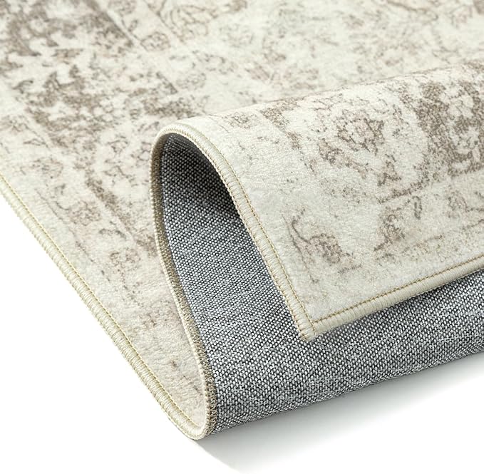 PureCozy 2x3 Area Rug Beige Washable Entryway Door Mat Carpet Vintage Distressed Small Non Slip Low Pile Thin Kitchen Entrance Medallion Accent Throw Rug Bedroom Office Living Room Bathroom