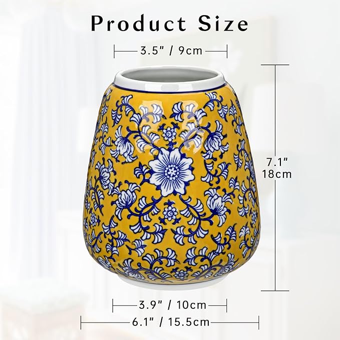 Hollyone Blue and Yellow Porcelain Vase Chinoiserie Floral Vases Large Vintage Tall Blue Ceramic Vase for Home Mantle Shelf Living Room Table Centerpieces Decor, 7 Inch
