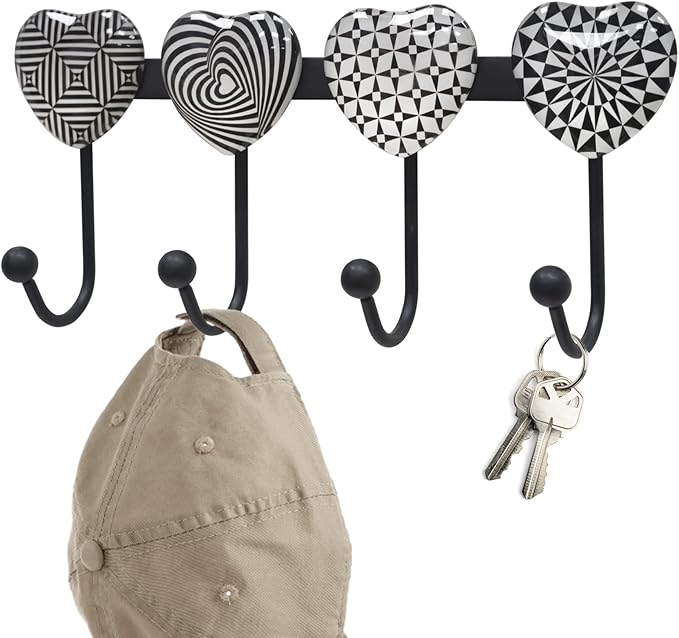 Coat Rack Wall Mounted with 4 Hooks, Heart Geometric Pattern Decorative Wall Hooks for Hanging Hat, Key, Towel, Purse, Bag and Robe, for Entryway, Bathroom, Hall Organizer Hanger Rack - Metal