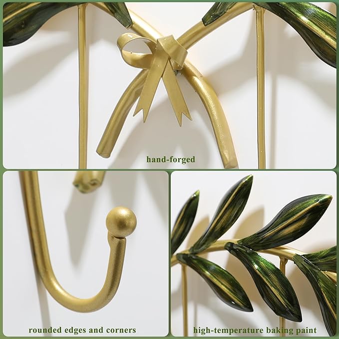 Olive Leaf Gold Wall Coat Hooks 6-Pack, Decorative Wall Mounted Coat Rack，Heavy Duty Metal Entryway Hanger for Hallway, Bathroom, Bedroom, Includes Hardware & Adhesive Strips