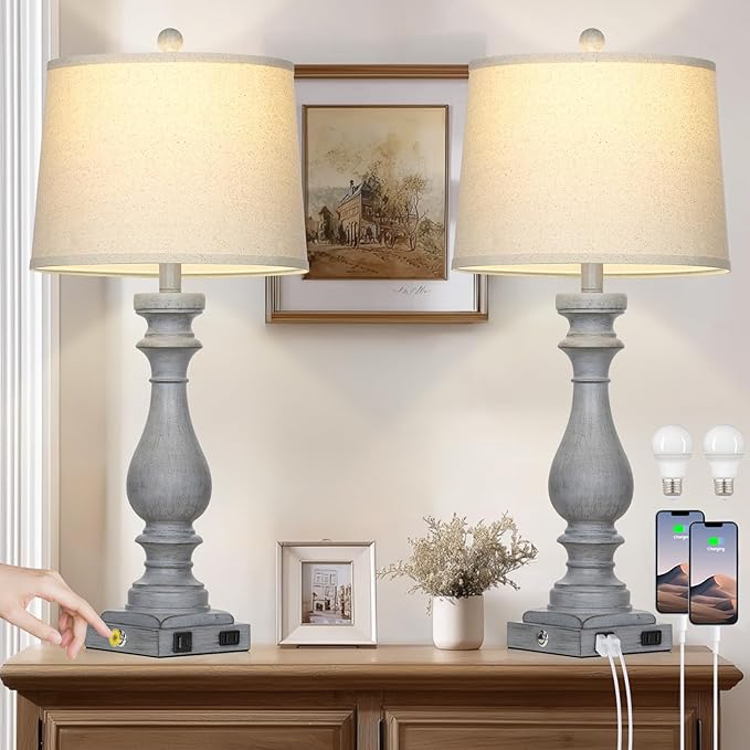 29" Tall Farmhouse Table Lamp for Living Room Set of 2,Vintage Retro Nightstand Lamps with USB C+A Ports & AC Outlet,3-Way Dimmable Touch Bedside Lamp for Bedroom Side Table,Light Grey