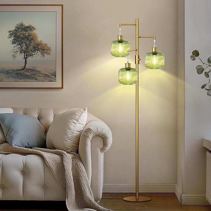 LVYE Modern Floor Lamp with Green Glass Shade, Dimmable Gold Standing Lamp, Mid Century 3 Lights Tall Lamp, Vintage Retro Floor Lamps for Living Room,Bedroom, 3×6W Bulbs Included