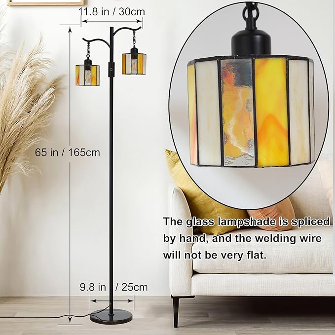 Asmymhd Vintage Dimmable Floor Lamp, Tiffany Standing Lamp with 2 Stained Glass Shades, Rustic Farmhouse Floor Lamp with Black Finish for Living Room Bedroom