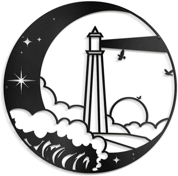SIGNLEADER Metal Wall Art Decor Lighthouse on the Waves Minimalist Modern Abstract Wall Sculpture Hangings Home Decoration for Living Room, Bedroom, Bathroom, Kitchen, Outdoor - 18" Black