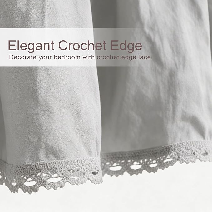 Vlocemon Queen Size 18 inch Drop Light Grey Dust Ruffle, Crochet Edge Lace, Lightweight 100% Cotton, French Coutry Style Ruffled Bed Skirt with Split Corners