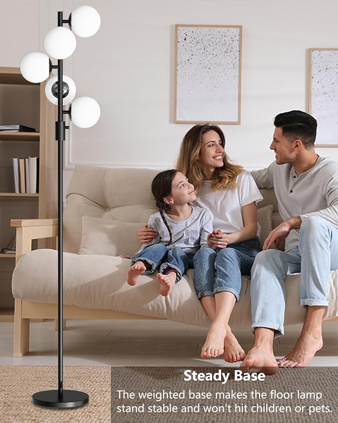 ACOHOOK 64IN Dimmable Black Floor Lamp, Tall Standing Lamps with 5 Globe Soft Warm White Eye Care 3000K G9 Bulbs, Mid Century Modern Floor Lamp for Living Room Bedroom Office