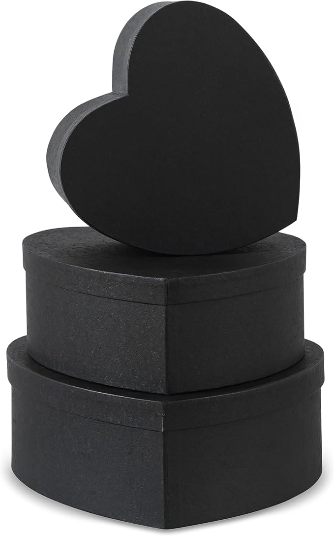 Soul & Lane Heart Shaped Gift Boxes: Set of 3 Empty Paper Mache Boxes with Lids for Flowers, Gifts, Chocolate Strawberries & Special Occasions, Cardboard Black Heart Shaped Box for Arrangements
