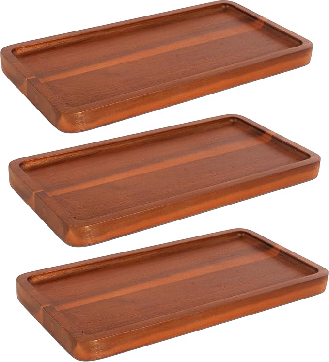 KOLWOVEN Solid Acacia Wood Serving Tray - 3 Pack, 11.8" x 5.9" Rectangular Wooden Serving Platter, Wood Boards for Food, Mini Cheese Board for Vegetable, Charcuterie, Appetizer, Decor (Set 3)