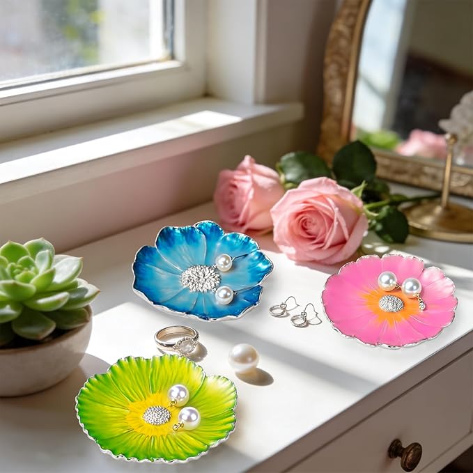 LARAINE Jewelry Dish Display Trinket Tray Flower Home Decorative Organizer Gift Necklace Earring Rings Holder Storage 3.15" (3 Piece Set)