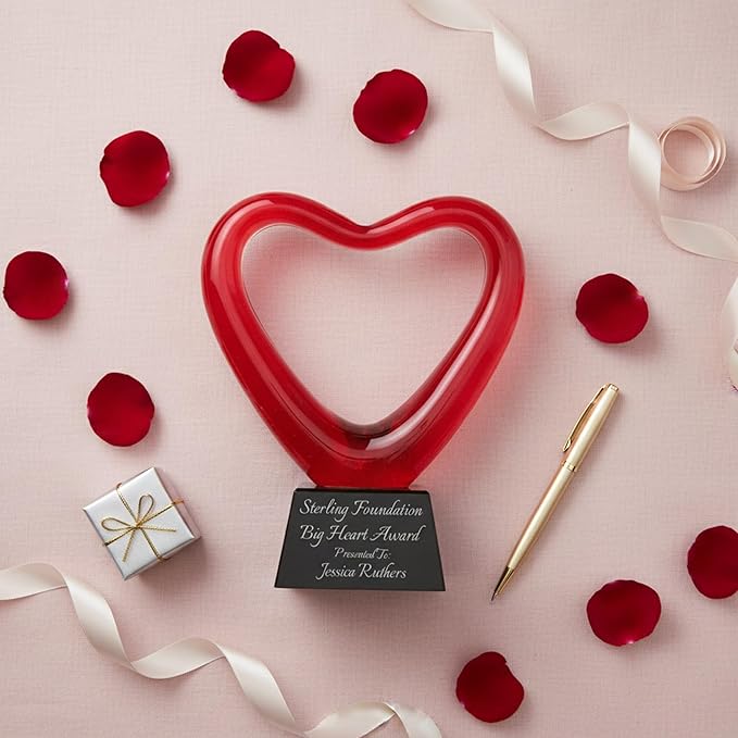 Personalized 6.5" Red Glass Heart Award, Custom Engraved Decorative Heart-Shaped Glass Award Statue for Appreciation, Recognition, Grattitude