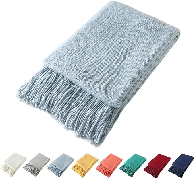 Homiest Decorative Knitted Throw Blanket with Fringe, Lightweight Acrylic Knit Blanket, Soft & Cozy Tassel Blanket for Couch Sofa Bed (Light Blue, 60 x 80 Inch)