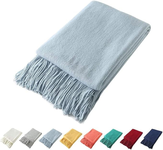 Homiest Decorative Knitted Throw Blanket with Fringe, Lightweight Acrylic Knit Blanket, Soft & Cozy Tassel Blanket for Couch Sofa Bed (Light Blue, 60 x 80 Inch)