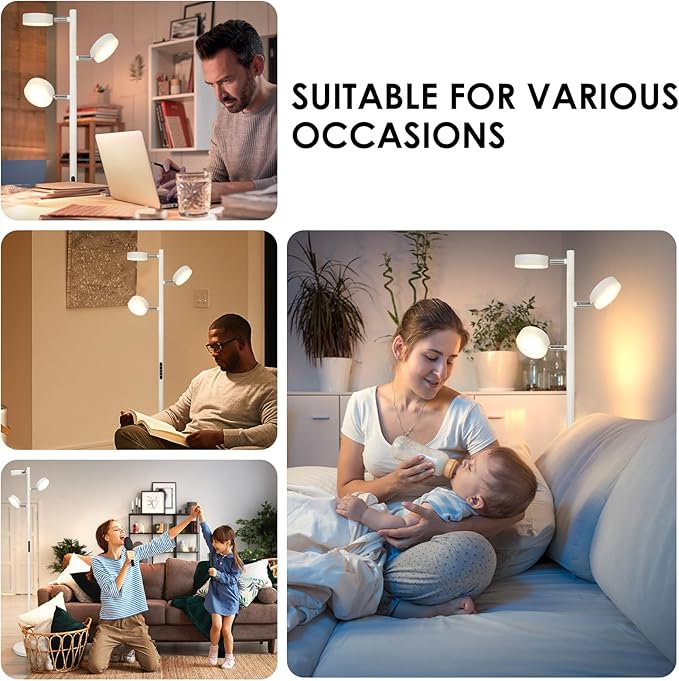 JUNNAI White Floor Lamp with Remote Tall Standing Lamps 30W LED Tree Floor Lamp with 3 Adjustable Heads Touch Control Timer 4 Color Temperatures Light Lamps for Living Room Office Bedroom Crafting