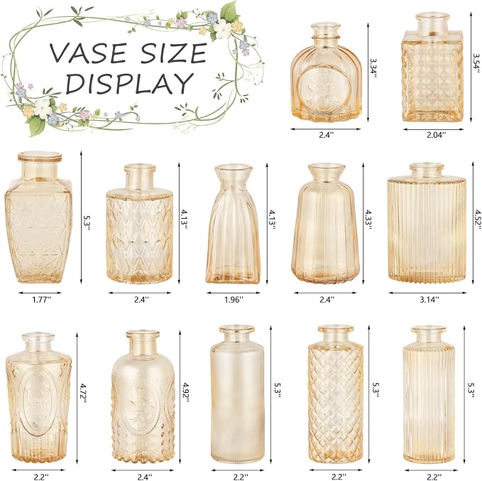 RUCKAE 12 Pack Glass Bud Vases Mini Flower Vase Small Vintage Vases for Centerpiece Table Wedding Decorations Home Decor Party (Gold)