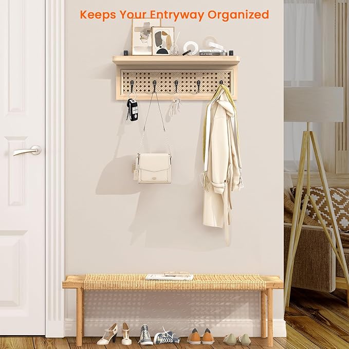 Homode Coat Rack Wall Mount with Shelf, Boho Rattan Entryway Wall Shelf with Hooks, Natural Wood Floating Shelves with 5 Pegs, Hanging Coat Hooks Hat Hanger for Nursery Bedroom Living Room Kitchen