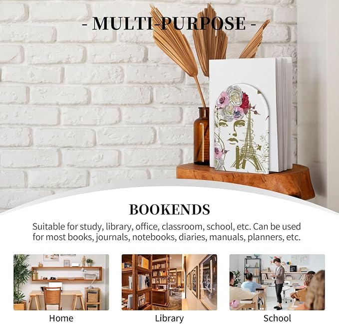 Paris Eiffel Tower Wood Bookends Stands Decorative Non-Slip Book Organizers for Home Office Desk Library School Study 1 Pair