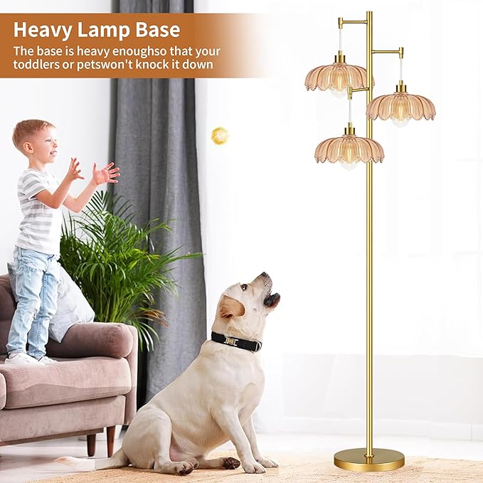 ZECOXOL Gold Floor Lamps for Living Room 3 Lights Floor Lamp with Glass Lampshape & Three Led Bulb,Mid Century Standing Lamp Vintage Brass Tall Lamp Tree Floor Lamp for Bedroom Corner