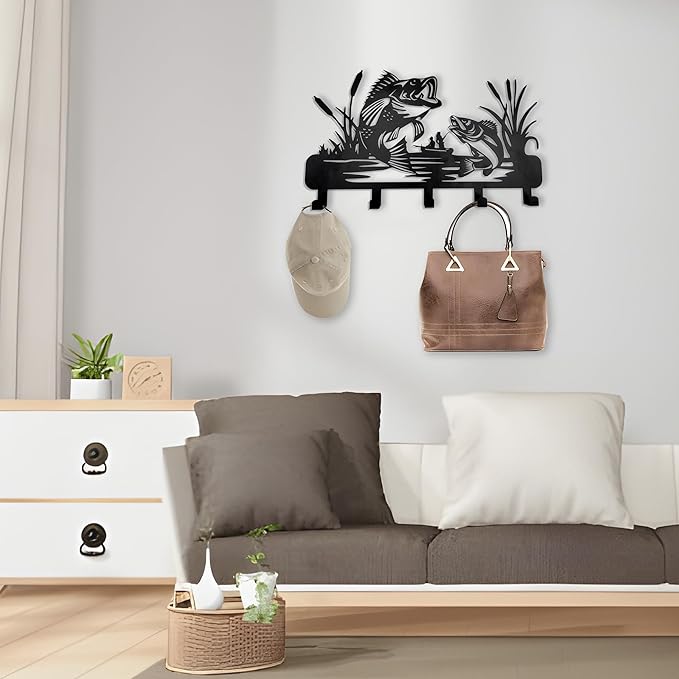 Aimery Metal Fish Coat Hooks Wall Art Decor-Fish Hangers and Key Holder-Clothes Rack and Backpack Holder for Wall Fishing Decor for Storage, Living Room, Hallway, Office