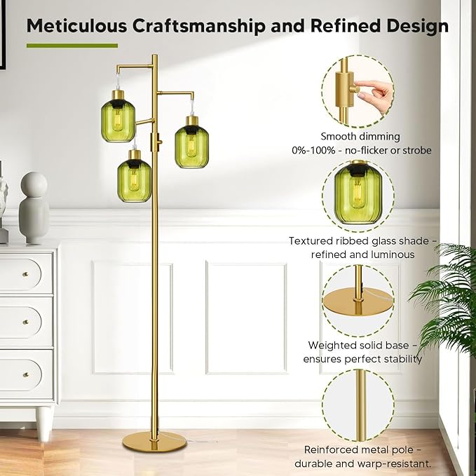 LVYE Glass Floor Lamps for Living Room, Modern Standing Lamps with Green Shade, Dimmable Green Tall Floor Lamp, Mid Century Gold 3 Lights Tall Tree Lamp with 3 LED Bulbs