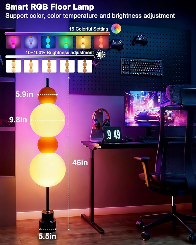 Lightdot RGB& 3000K Floor Lamp with Touch Control, Dimmable Colors Temperature & Brightness, Globe Modern Floor Lamp with Smart Bulb, Yellow Standing Lamps for Living Room