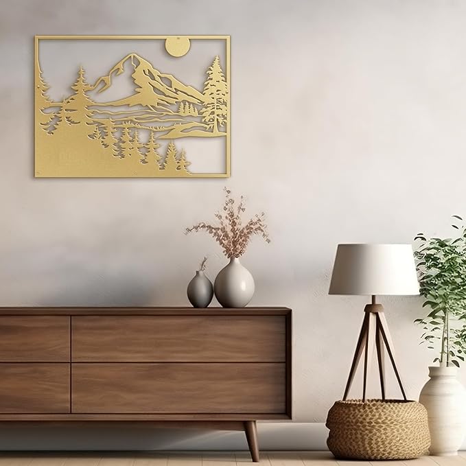 SIGNLEADER Metal Wall Art Decor Mountain Range and Pine Minimalist Modern Abstract Wall Sculpture Hangings Home Decoration for Living Room, Bedroom, Bathroom, Kitchen, Outdoor - 18" Gold