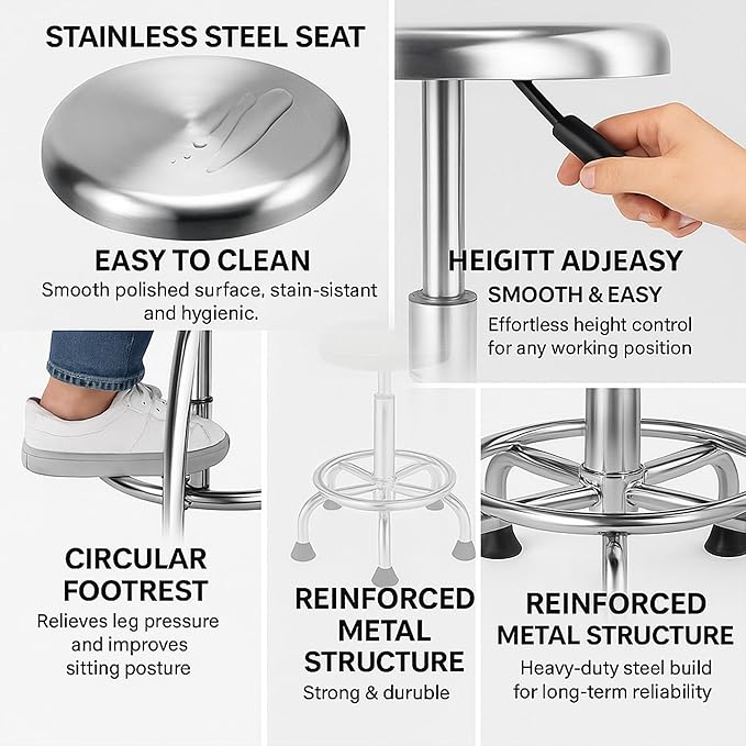 Adjustable Work Stool, Stainless Steel Office Chair, Round Stool Chair, Designed Ergonomics, Non-Slip Foot Pads