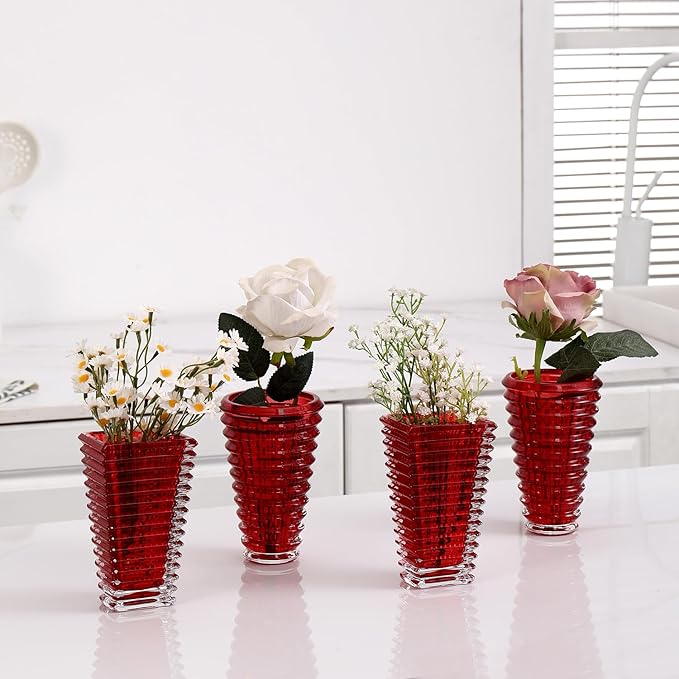MCMCNCUIU Crystal Flower Vase Set of 4, Glass Vases for Centerpieces, Red Vases for Flowers, Small Vase for Living Room, Bedroom, Kitchen, Office, Wedding