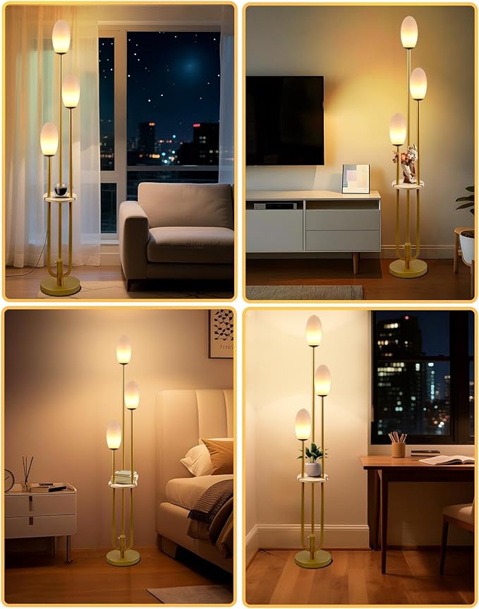ACOHOOK Gold Dimmable Floor Lamp with Table, Unique Candle Holder Style Tall Standing Lamps with 3000K G9 Bulbs for Reading, Mid Century Modern Floor Lamp for Living Room Bedroom Office