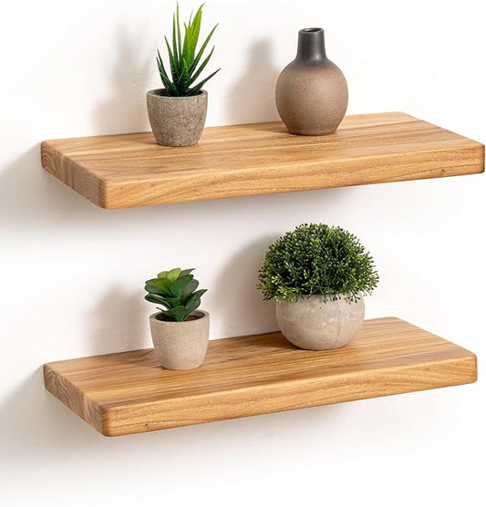 Fun Memories Rustic Solid Elm Wood Floating Shelves, 16" W x 8" D Floating Shelf Wall Mounted, 8 Inch Deep Wall Shelves, Wooden Bathroom Shelf for Home, Deep Bookshelf for Living Room, Set of 2