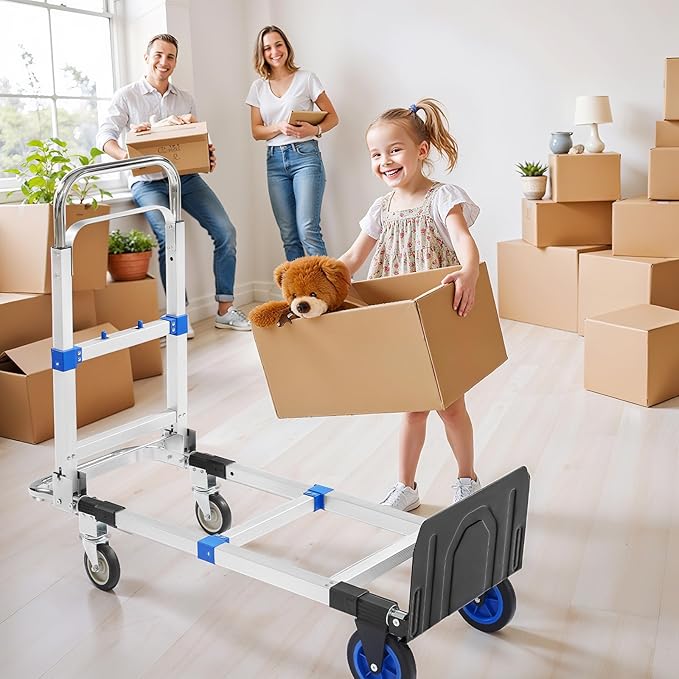 3 in 1 Aluminum Folding Hand Truck Dolly Cart with Wheels 600 Lbs Capacity Collapsible Heavy Duty Convertible Trolley with Retractable Handle for Moving Home Warehouse Office Camping (Blue)