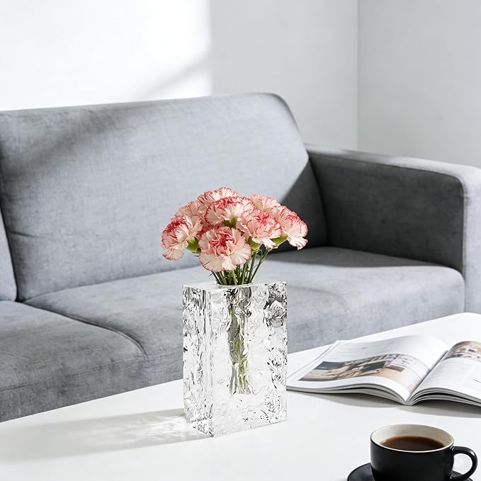 Crystal Flower Vase with Glacial Texture,Heavy Duty Large Clear Vase for Dining Table Kitchen Office Home Shelf Display Wedding Living Room Centerpieces
