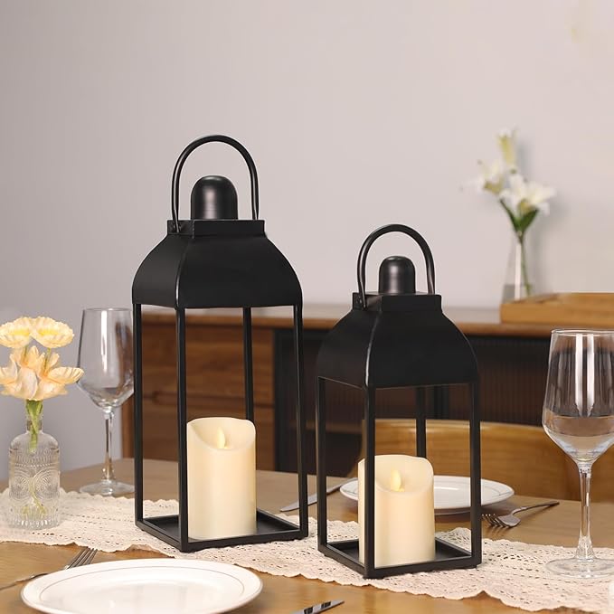 Lanterns Decorative Outdoor Indoor, Black Metal Outdoor Lanterns, 17'' 13'' Set of 2 Modern Farmhouse Candle Lantern Christmas Lanterns Centerpieces for Home, Wedding, Patio, Porch, Mantel