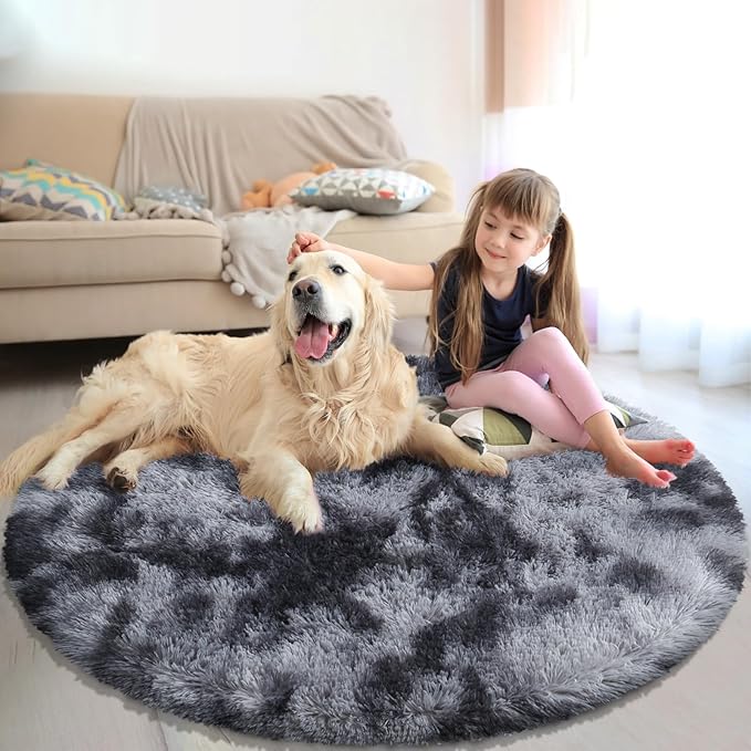 Tie-Dyed Black Fluffy Round Rug,Soft Area Rugs for Girls Room,Shaggy Rugs 5'X5' for Living Room,Non Slip Circle Rug for Kids Bedroom,Shag Plush Nursery Rug,Plush Carpet for Dorm,Cute Furry Room Decor