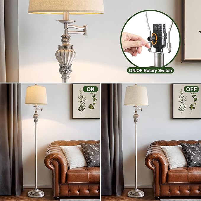 G-SAFAVA 61" Vintage Floor Lamp with 350° Adjustable Swing Arm, Tall lamp Standing Lamp for Living Room Bedside Bedroom Nightstand Retro Farmhouse Mid Century Lamp Light Home Décor Office Gifts