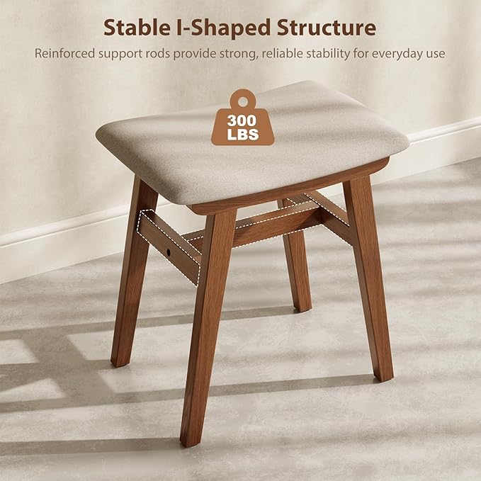 Solid Wood Vanity Stool, Compact Makeup Chair with Saddle Cushion, Linen-Covered High Rebound Sponge Seat, Easy Assembly Footstool for Bedroom, Entryway, Home, Walnut