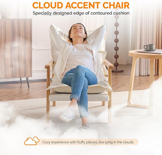 VINGLI Mid-Century Modern Cloud Accent Armchair with Lumbar Pillow, 6.3'' Thick Seat Cushion Comfortable Reading Chair with Wooden Armrests，Boho Lounge Chair for Bedroom, Living Room, Chenille, Beige