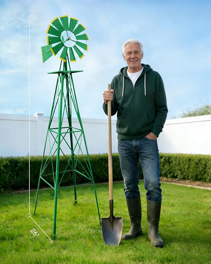 8FT Windmill for Yard Garden Decoration with Weather Vanes，Heavy Duty Outdoor Wind Mills, Large Metal Outdoor Windmill, Weather Resistant,Green