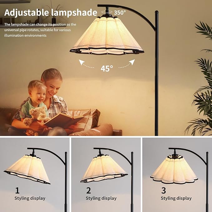 Omlaamy Floor Lamp with Pleated Linen Lampshade, Modern Flower Floor Lamp for Living Room Arc Standing Lamp, Gold Tall Lamp for Bedroom Office Dining Room, Bulb Included (Black + Black, 66.14IN)