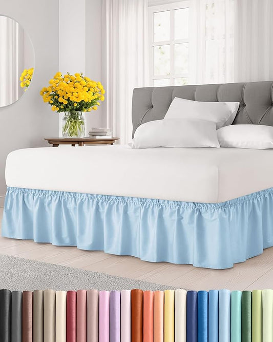 Wrap Around Dust Ruffle Bed Skirt - Light Blue - Twin/Twin XL Size Beds with 12 Inch Drop - Elastic Strap - Adjustable Pleated Bedskirt with Brushed Fabric and Wrinkle Free - Women, Men, Kids & Teens
