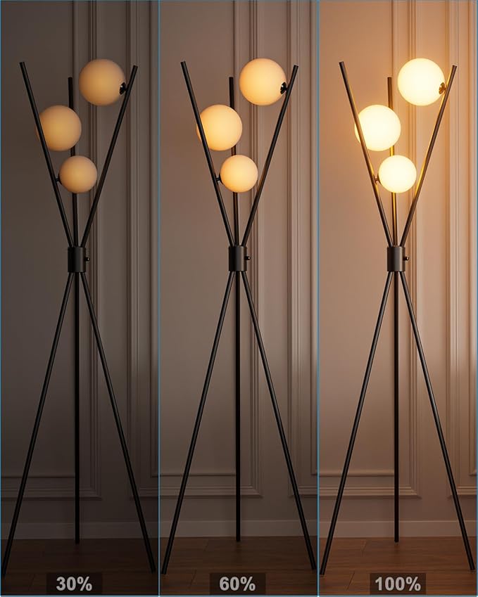 ACOHOOK 3 Globe Dimmable Tripod Floor Lamp, Mid Century Standing Lamps with 3Pcs 3000K Bulbs Included, Modern Tall Lamp for Living Room Bedroom Office-Black
