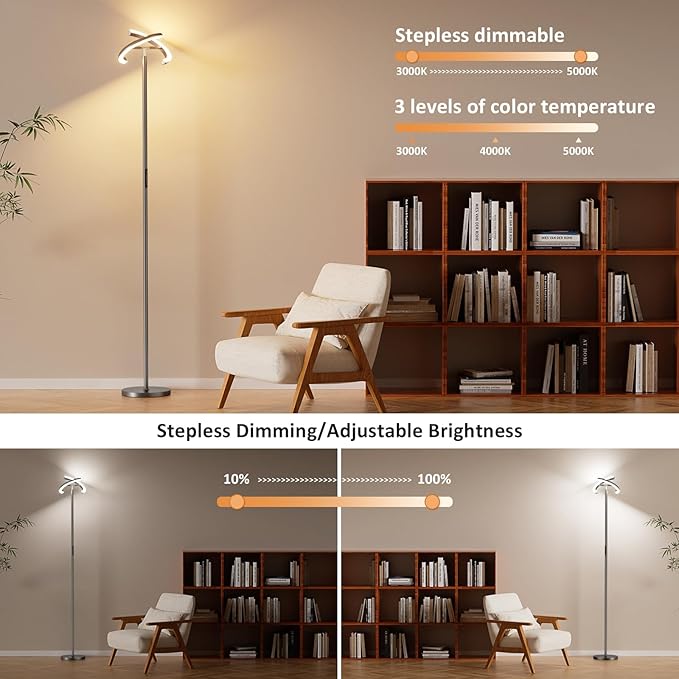 PreeOtti Floor Lamps for Living Room, 40W/2400LM LED Floor Lamp with Touch & Remote Control, 70" Tall Standing Lamp Stepless Dimmable, Modern Torchiere Corner Lamp for Bedroom, Office - Grey