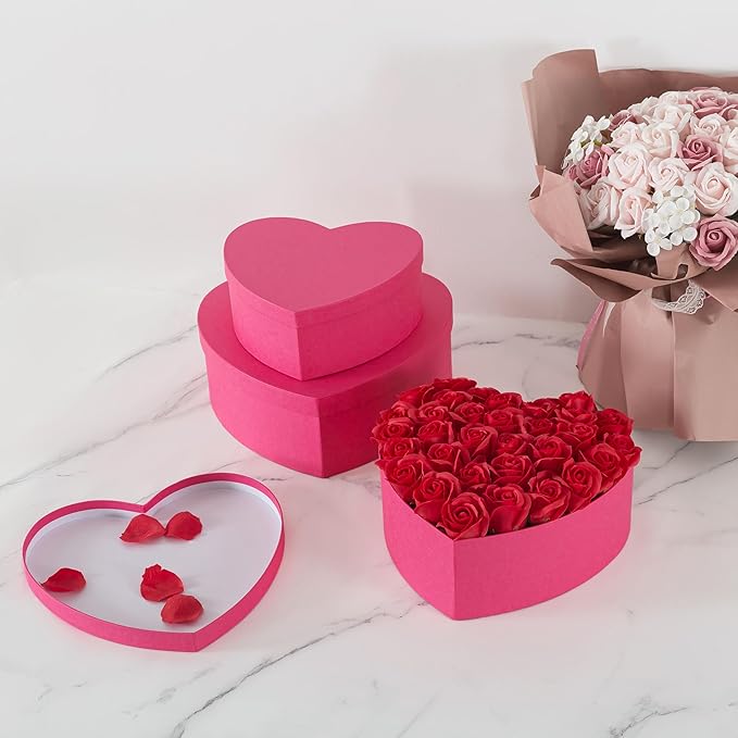 Soul & Lane Heart Shaped Gift Boxes: Set of 3 Empty Paper Mache Boxes with Lids for Flowers, Gifts, Chocolate Strawberries & Special Occasions, Cardboard Pink Heart Shaped Box for Arrangements