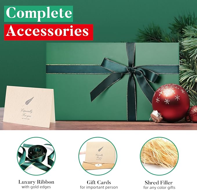 LIFELUM Green Gift Box for Presents 1 Pack 13.85 x 8.35 x 4.45 inch Big Decorative Large Gift Box for Clothes with Magnetic Lids Luxury Accessories Card, Ribbon, Filler,Sticker