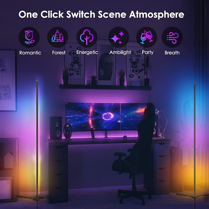 2PCS Corner Floor Lamp RGB Color Changing LED Modern Floor Lights with Bluetooth APP and Remote Control Music Sync, 65" RGB Mood Lighting 24H Timing 398+ DIY Modes
