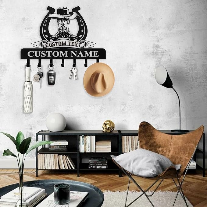 Personalized Cowboy Coat Hooks, Cowboy Boots Key Holder Wall Mount, Clothes Cowboy Hat Rack and Backpack Hanger, Western Wall Decor, Metal Key Rack Organizer for Living Room Hallway Color05