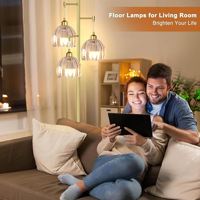 WLQCWL Modern Floor Lamp for Living Room Bedroom-3 Light Gold Floor Lamp with Glass Lampshape, Flower Tall Lamp Glass Standing Lamp Tree Floor Lamps for Living Room Bedroom,Corner