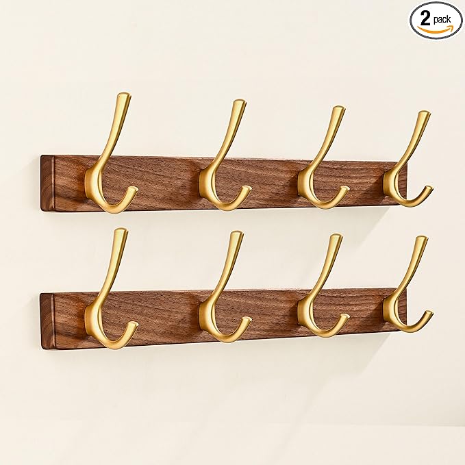 2 Pack 17.3" Small Walnut Wood Coat Rack Wall Mount with 4 Hooks, Heavy Duty Wooden Jacket Hanger Door Mounted for Decorative Entryway Bathroom Hanging Towel Backpack Purse Hat Key Satin Gold