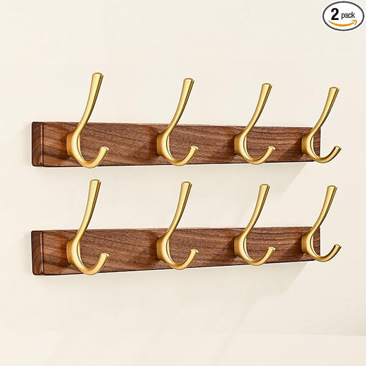 2 Pack 17.3" Small Walnut Wood Coat Rack Wall Mount with 4 Hooks, Heavy Duty Wooden Jacket Hanger Door Mounted for Decorative Entryway Bathroom Hanging Towel Backpack Purse Hat Key Satin Gold