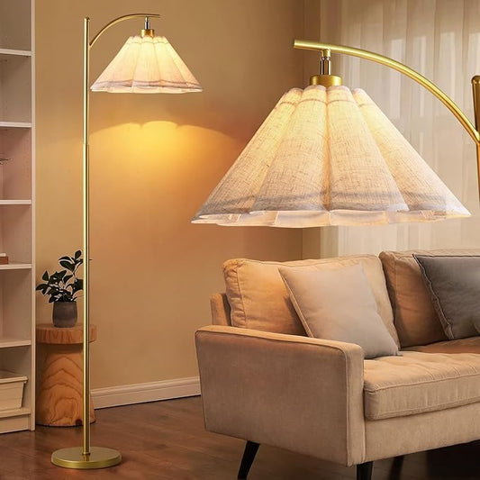 Omlaamy Floor Lamp with Pleated Linen Lampshade, Modern Flower Floor Lamp for Living Room Arc Standing Lamp, Gold Tall Lamp for Bedroom Office Dining Room, Bulb Included (Gold + Flax Color, 66.14IN)