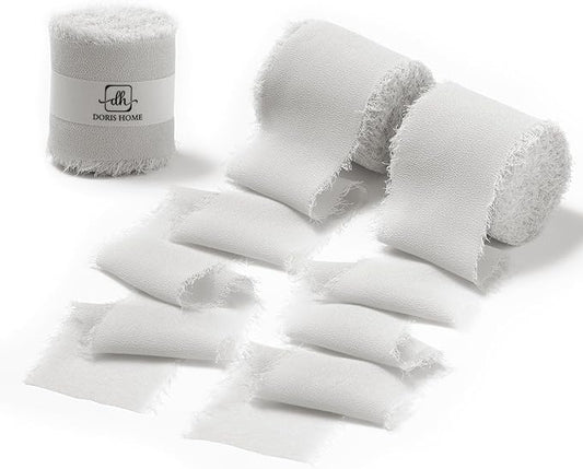DORIS HOME Light Grey Chiffon Ribbon for Flower Bouquet, 2" x21Yd Fabric Ribbon for Gift Wrapping, Handmade Frayed Ribbon for Wedding, Chiffon Silk Ribbon for Christmas Decorations